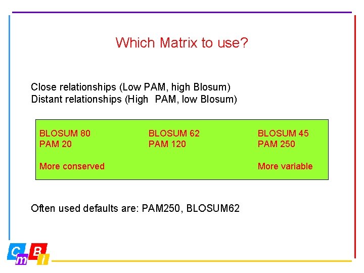 Which Matrix to use? Close relationships (Low PAM, high Blosum) Distant relationships (High PAM,