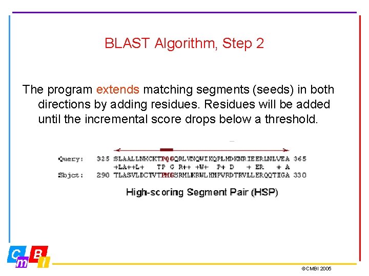 BLAST Algorithm, Step 2 The program extends matching segments (seeds) in both directions by