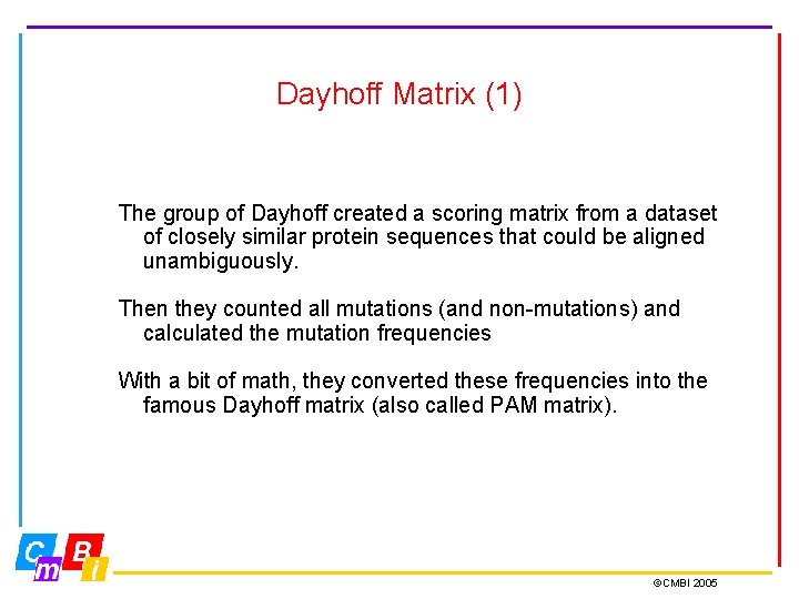 Dayhoff Matrix (1) The group of Dayhoff created a scoring matrix from a dataset