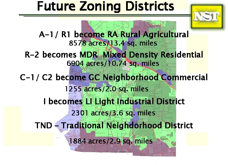 Future Zoning Districts A-1/ R 1 become RA Rural Agricultural 8578 acres/13. 4 sq.