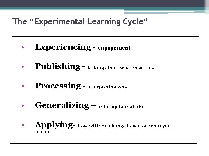 The “Experimental Learning Cycle” • Experiencing - engagement • Publishing - talking about what