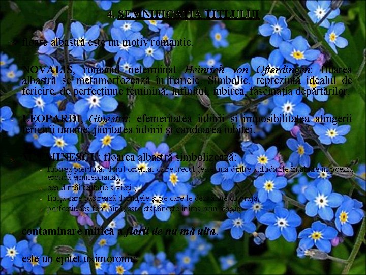 4. SEMNIFICAȚIA TITLULUI - floare albastră este un motiv romantic. - NOVALIS, romanul neterminat 4. SEMNIFICAȚIA TITLULUI - floare albastră este un motiv romantic. - NOVALIS, romanul neterminat
