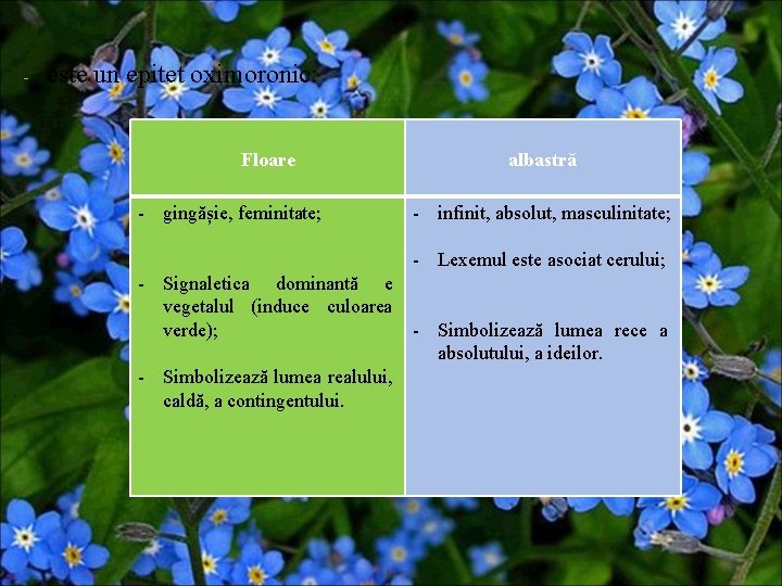 - este un epitet oximoronic: Floare - gingășie, feminitate; albastră - infinit, absolut, masculinitate; - este un epitet oximoronic: Floare - gingășie, feminitate; albastră - infinit, absolut, masculinitate;