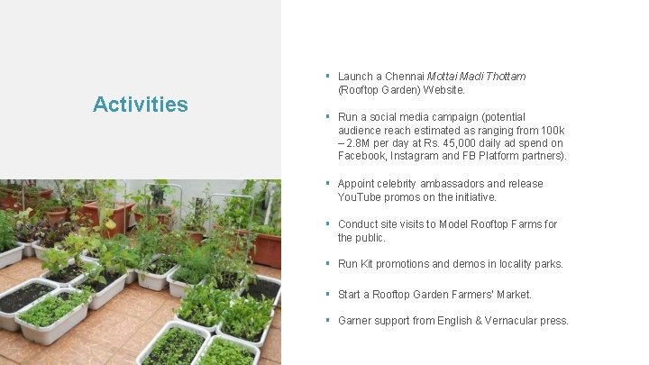 Activities Launch a Chennai Mottai Madi Thottam (Rooftop Garden) Website. Run a social media