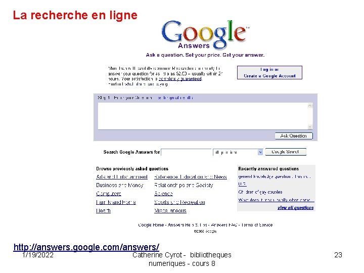 La recherche en ligne http: //answers. google. com/answers/ 1/19/2022 Catherine Cyrot - bibliotheques numeriques
