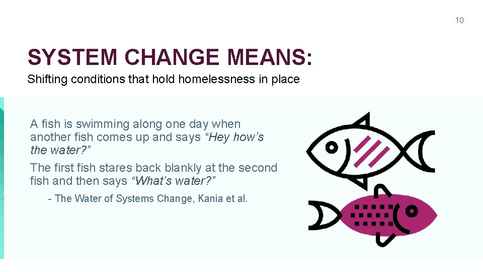 10 SYSTEM CHANGE MEANS: Shifting conditions that hold homelessness in place A fish is