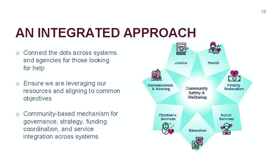 16 AN INTEGRATED APPROACH o Connect the dots across systems and agencies for those