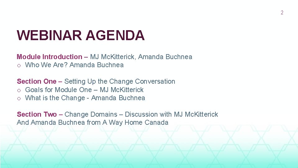 2 WEBINAR AGENDA Module Introduction – MJ Mc. Kitterick, Amanda Buchnea o Who We