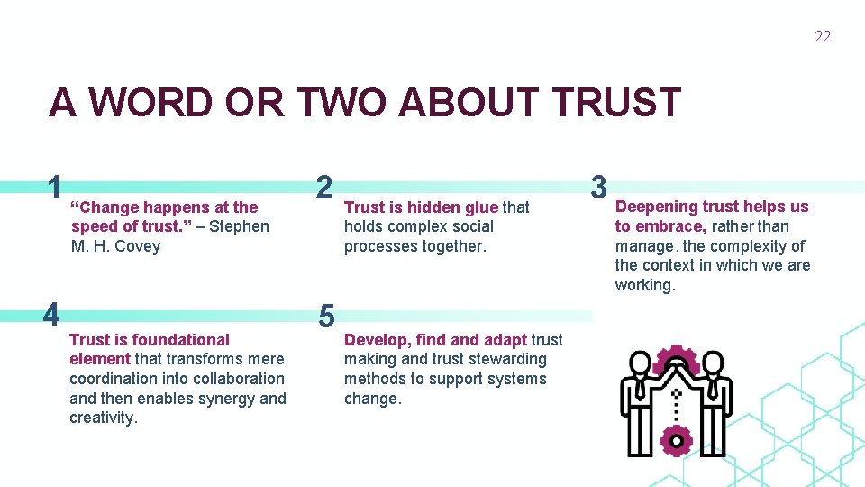 22 A WORD OR TWO ABOUT TRUST 1 “Change happens at the 2 speed