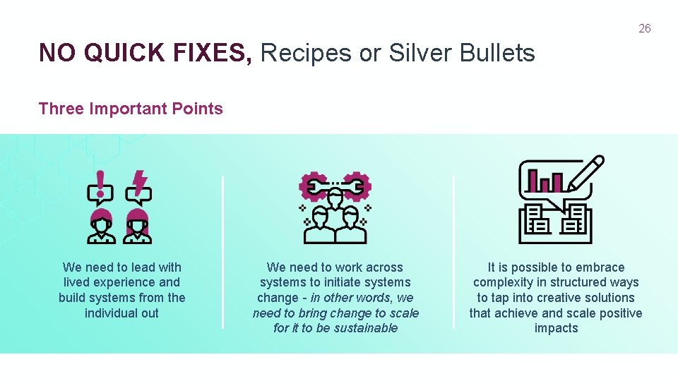 26 NO QUICK FIXES, Recipes or Silver Bullets Three Important Points We need to