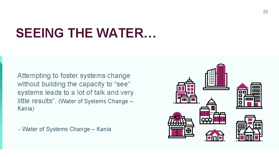 28 SEEING THE WATER… Attempting to foster systems change without building the capacity to