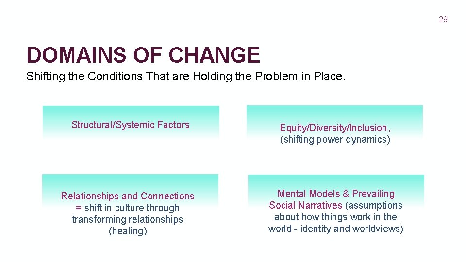 29 DOMAINS OF CHANGE Shifting the Conditions That are Holding the Problem in Place.