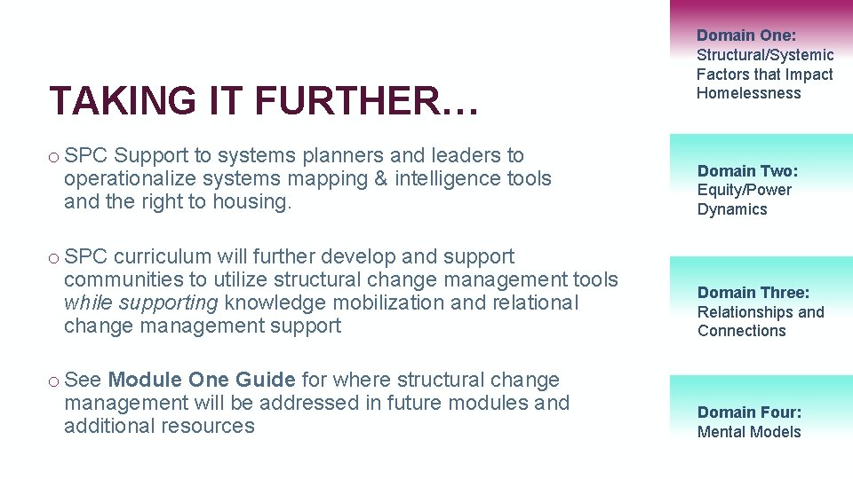 TAKING IT FURTHER… Domain One: 33 Structural/Systemic Factors that Impact Homelessness o SPC Support