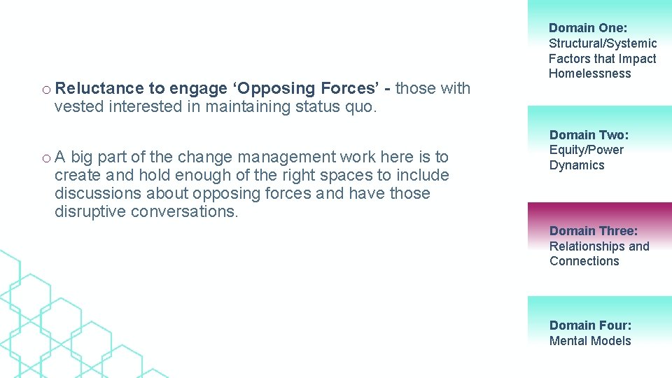 o Reluctance to engage ‘Opposing Forces’ - those with vested interested in maintaining status
