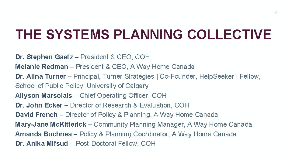 4 THE SYSTEMS PLANNING COLLECTIVE Dr. Stephen Gaetz – President & CEO, COH Melanie
