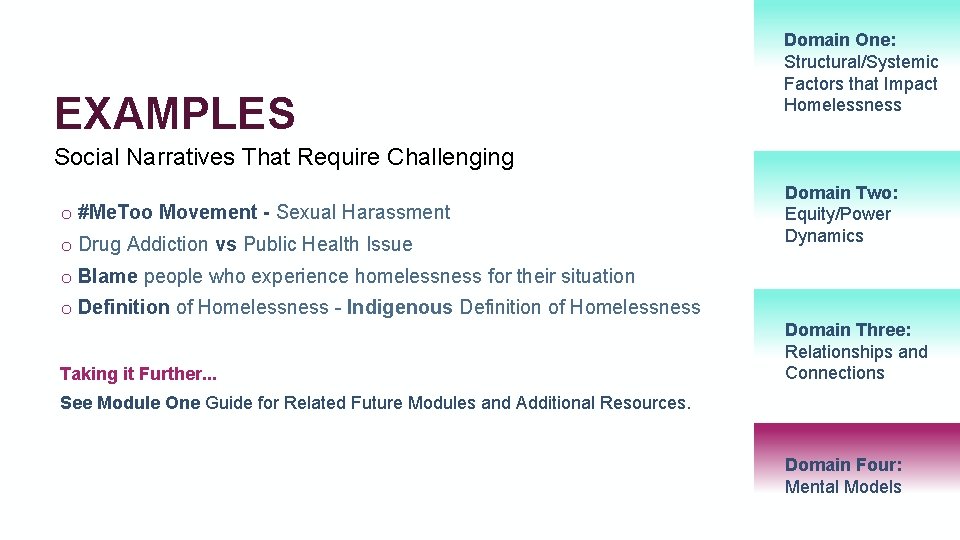 EXAMPLES Domain One: 41 Structural/Systemic Factors that Impact Homelessness Social Narratives That Require Challenging