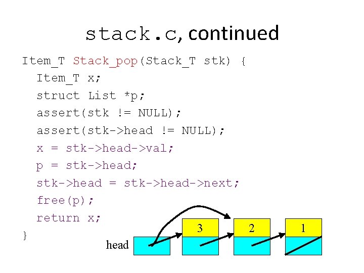 stack. c, continued Item_T Stack_pop(Stack_T stk) { Item_T x; struct List *p; assert(stk !=