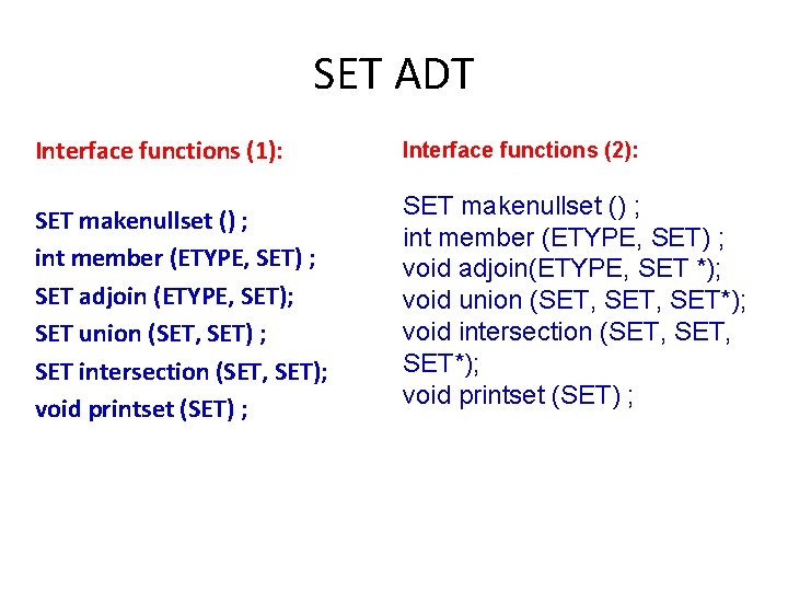 SET ADT Interface functions (1): SET makenullset () ; int member (ETYPE, SET) ;