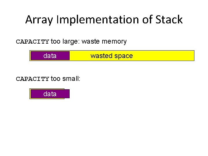 Array Implementation of Stack CAPACITY too large: waste memory data CAPACITY too small: data