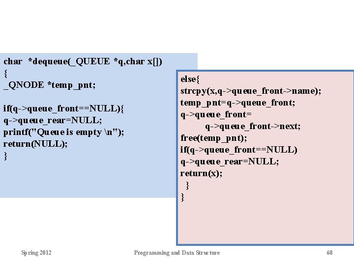 char *dequeue(_QUEUE *q, char x[]) { _QNODE *temp_pnt; if(q->queue_front==NULL){ q->queue_rear=NULL; printf("Queue is empty n");
