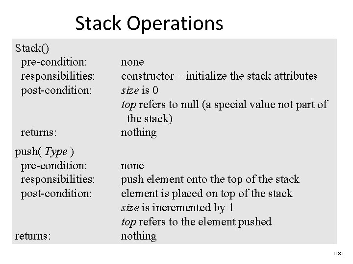 Stack Operations Stack() pre-condition: responsibilities: post-condition: returns: push( Type ) pre-condition: responsibilities: post-condition: returns: