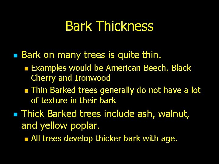 Bark Thickness n Bark on many trees is quite thin. n n n Examples