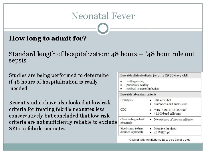 Neonatal Fever How long to admit for? Standard length of hospitalization: 48 hours –