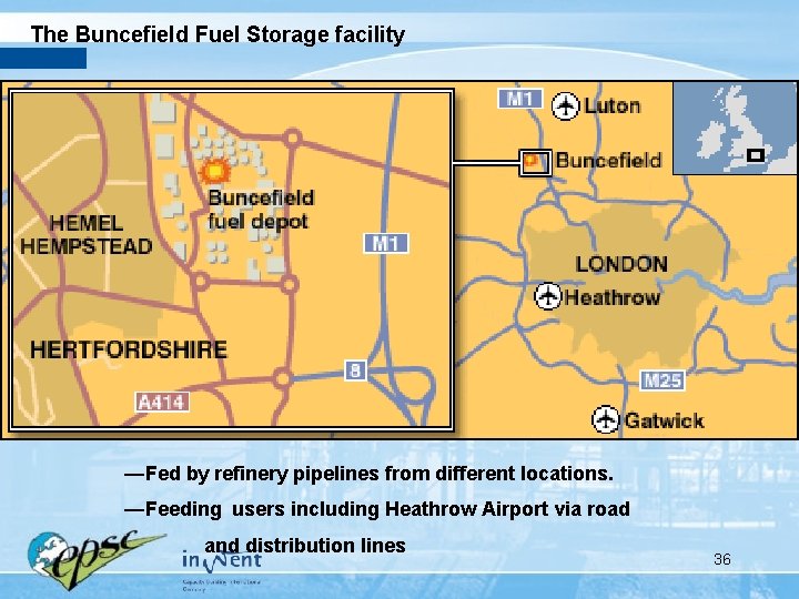 The Buncefield Fuel Storage facility —Fed by refinery pipelines from different locations. —Feeding users