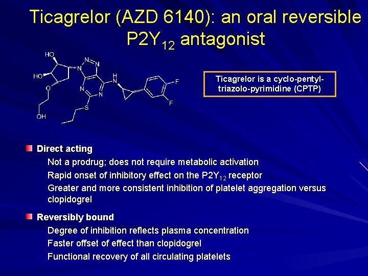 Ticagrelor (AZD 6140): an oral reversible P 2 Y 12 antagonist Ticagrelor is a
