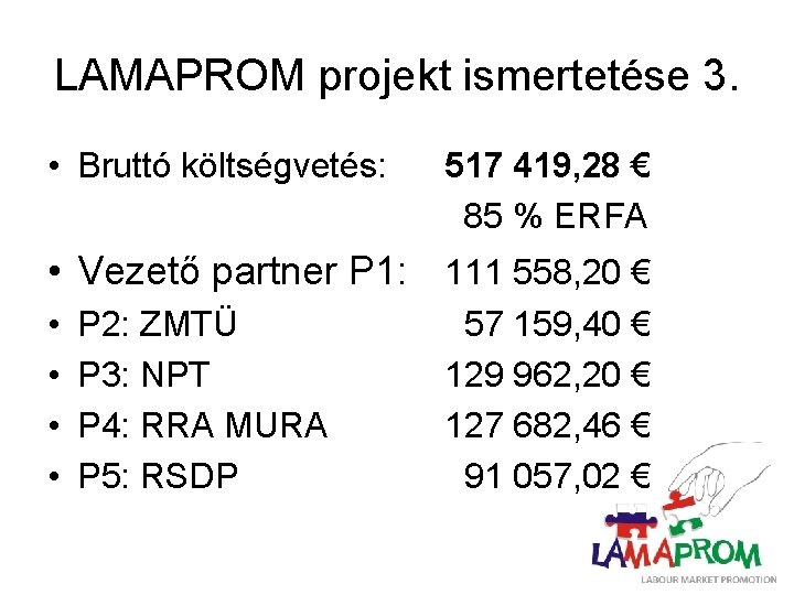 LAMAPROM projekt ismertetése 3. • Bruttó költségvetés: 517 419, 28 € 85 % ERFA