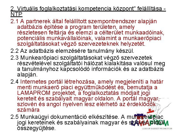 2. Virtuális foglalkoztatási kompetencia központ” felállítása NTP 2. 1 A partnerek által felállított szempontrendszer