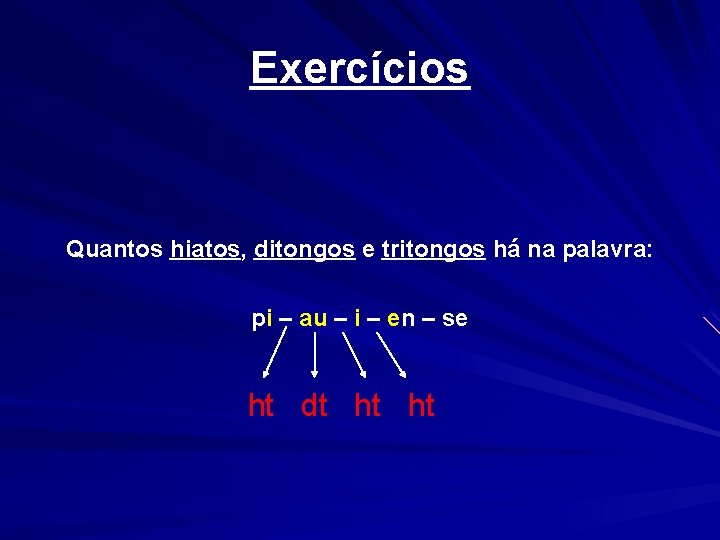 Exercícios Quantos hiatos, ditongos e tritongos há na palavra: pi – au – i