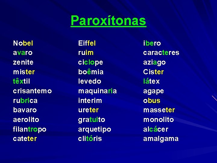 Paroxítonas Nobel avaro zenite mister têxtil crisantemo rubrica bavaro aerolito filantropo cateter Eiffel ruim