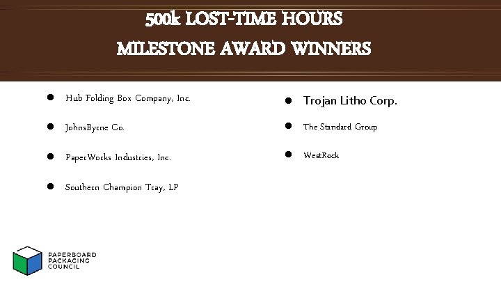 500 k LOST-TIME HOURS MILESTONE AWARD WINNERS l Hub Folding Box Company, Inc. l
