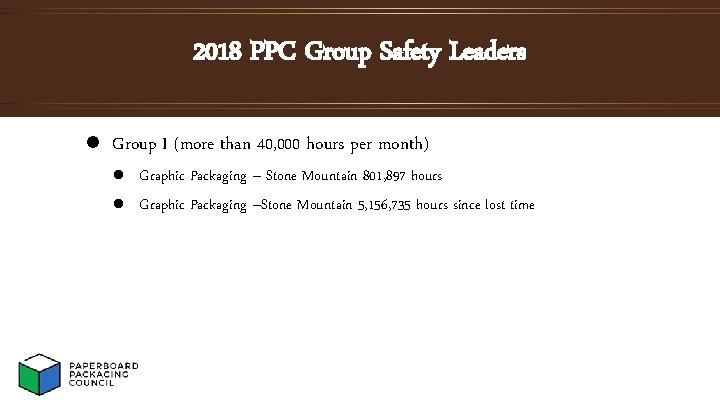 2018 PPC Group Safety Leaders l Group I (more than 40, 000 hours per