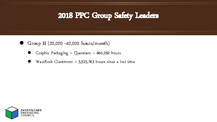 2018 PPC Group Safety Leaders l Group II (20, 000 -40, 000 hours/month) l