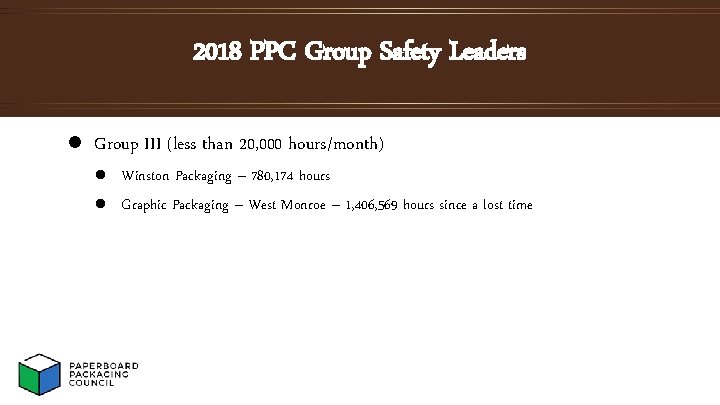 2018 PPC Group Safety Leaders l Group III (less than 20, 000 hours/month) l
