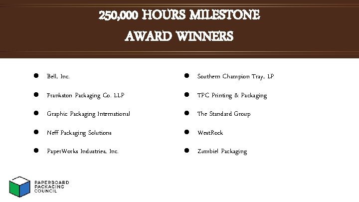 250, 000 HOURS MILESTONE AWARD WINNERS l Bell, Inc. l Southern Champion Tray, LP