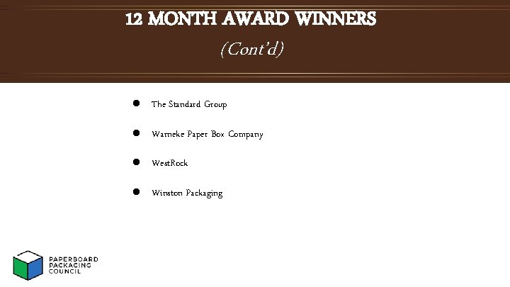 12 MONTH AWARD WINNERS (Cont’d) l The Standard Group l Warneke Paper Box Company