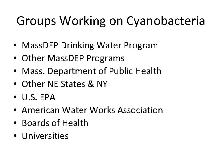 Groups Working on Cyanobacteria • • Mass. DEP Drinking Water Program Other Mass. DEP