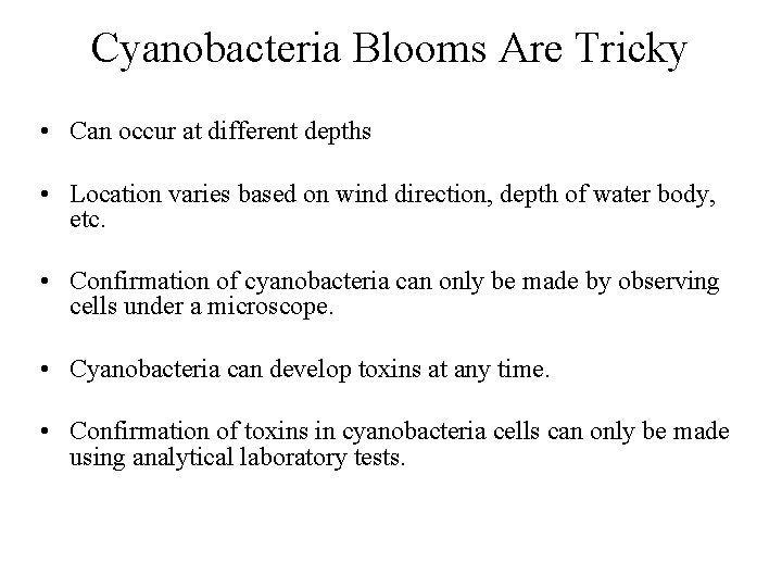 Cyanobacteria Blooms Are Tricky • Can occur at different depths • Location varies based