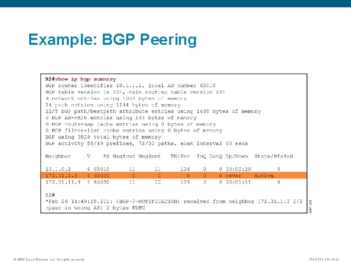 Example: BGP Peering © 2009 Cisco Systems, Inc. All rights reserved. ROUTE v 1.