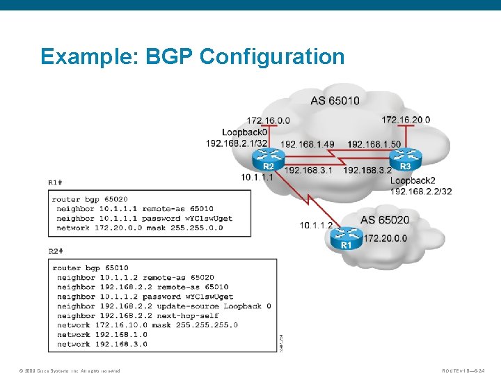 Example: BGP Configuration © 2009 Cisco Systems, Inc. All rights reserved. ROUTE v 1.