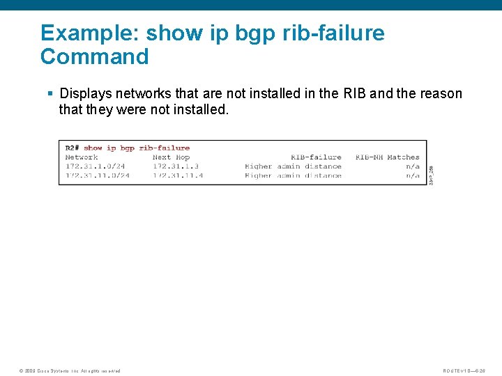 Example: show ip bgp rib-failure Command § Displays networks that are not installed in