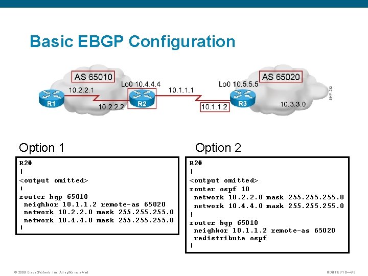 Basic EBGP Configuration Option 1 R 2# ! <output omitted> ! router bgp 65010