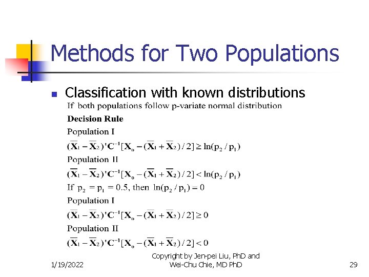 Methods for Two Populations n Classification with known distributions 1/19/2022 Copyright by Jen-pei Liu,