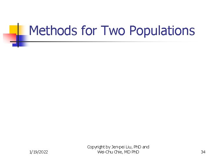 Methods for Two Populations 1/19/2022 Copyright by Jen-pei Liu, Ph. D and Wei-Chu Chie,