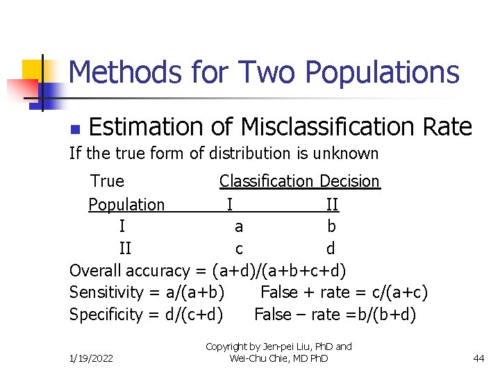 Methods for Two Populations n Estimation of Misclassification Rate If the true form of