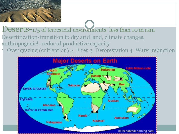 Deserts-1/5 of terrestrial environments: less than 10 in rain Desertification-transition to dry arid land,