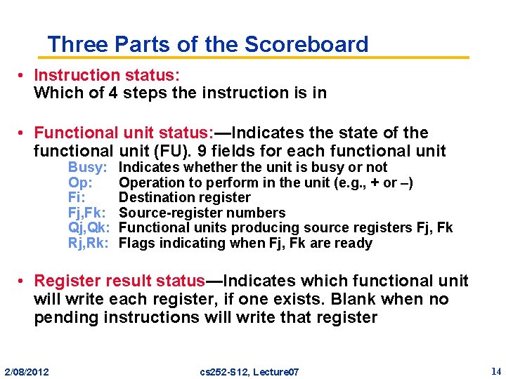 Three Parts of the Scoreboard • Instruction status: Which of 4 steps the instruction